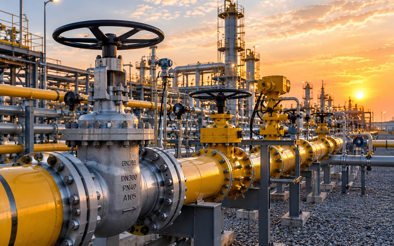 ایستگاه اندازه‌گیری گاز: شیرها و لوله‌کشی فلنجی در برابر آسمان غروب.